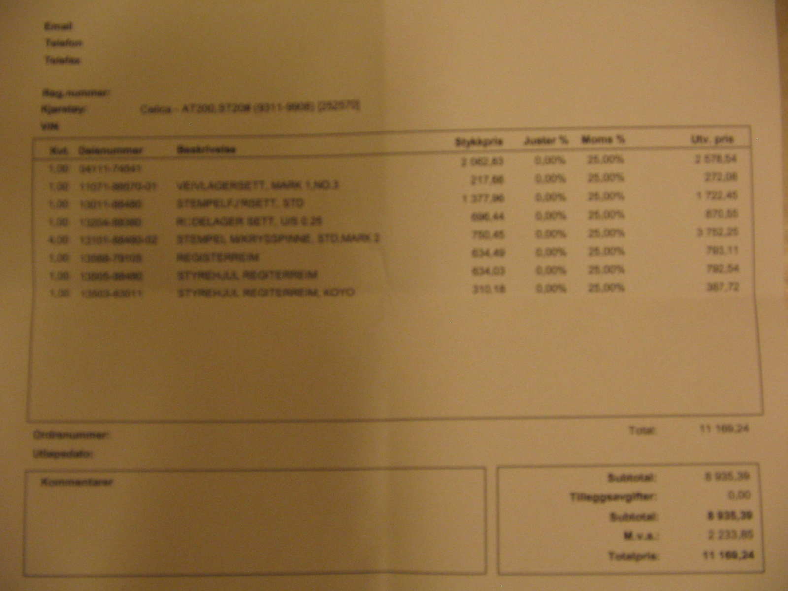 Fikk en oversikt hva det koster for nye deler hvis jeg skal ta dette selv...