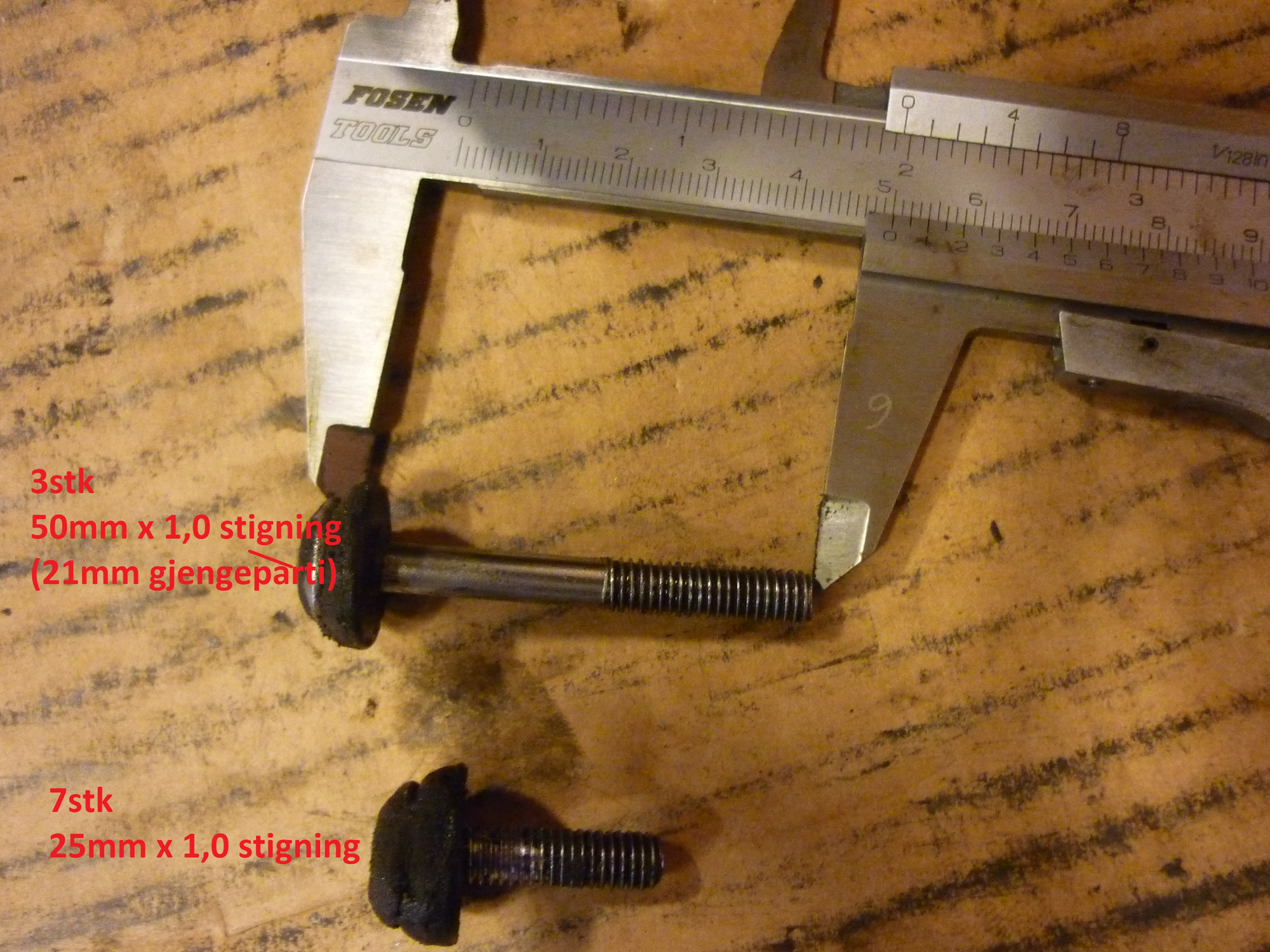 3 lange(50mm, 21mm gjengeparti), 7 korte(25mm) stigningen var 1,0