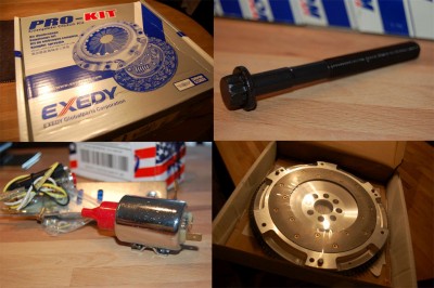 Exedy clutch kit / Nye bolter til toppen / &quot;Trunk release kit&quot;, så da har jeg et til bagasjen og et til bensinlokket. Må bare finne noen fine brytere nå / Letta Fidanza svinghjul