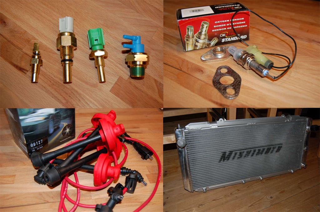Litt flere sensorer... Kan eventuelt gjøre ren de gamle og ha i reserve / Oksygensensor / Nye Bosch tennpluggkabler - skulle vel være de samme som jeg hadde, men de gamle er jaggu dårlige i forhold! / Ny radiator som matcher viftene fra sist gang