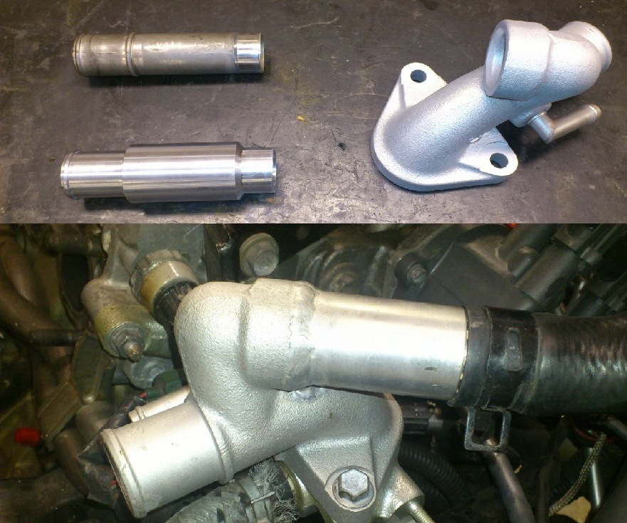 Etter nå to tilfeller av å blåse ut kjølevann ved at røret på vannfordelingshuset har ramla av fikk jeg somla meg til å fikse det og.. laga nytt i alu og sveiste fast..  bør løse problemet for godt det :)